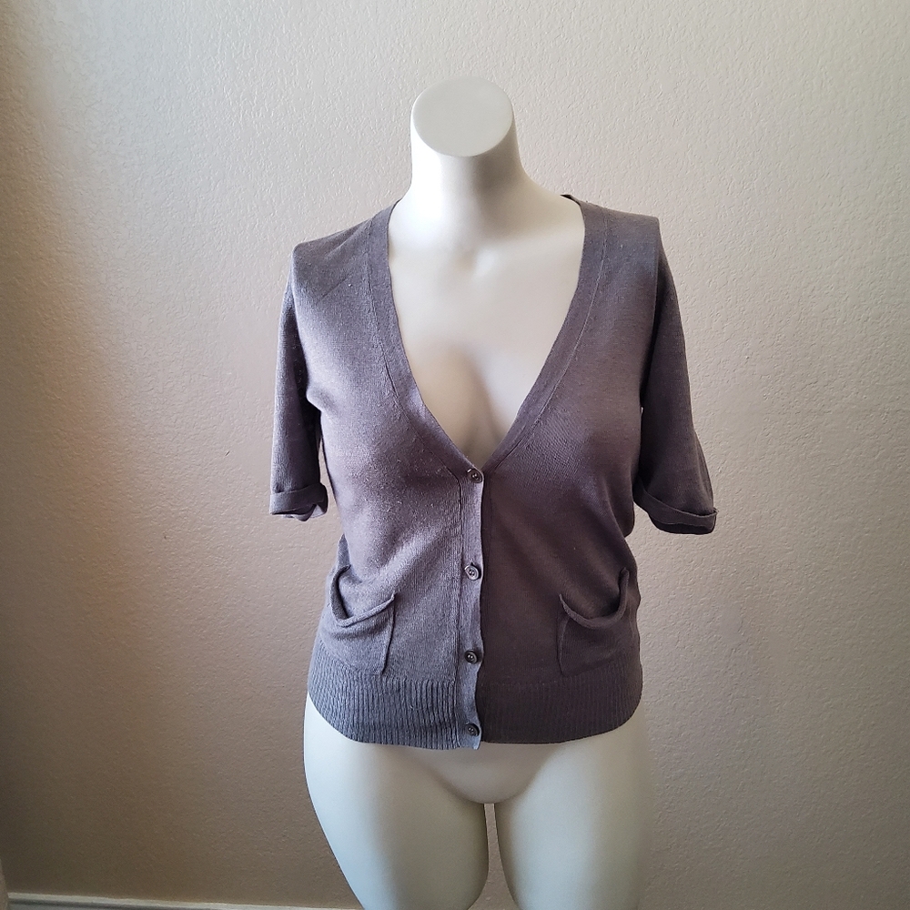 Eileen Fisher Linen Silk Short Sleeve Button Down Cardigan Top Size PM Grey